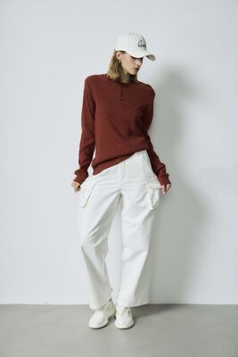 Goede prijs. Roestbruine geribde Basic Tops Henley Neck Top White Cargo Pants Set online