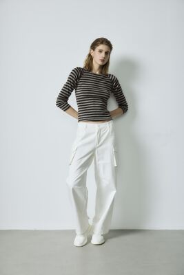 Prezzo buono Strato di base di lana a strisce, manica a tre quarti, strato di base tagliato, maglietta in lana in linea