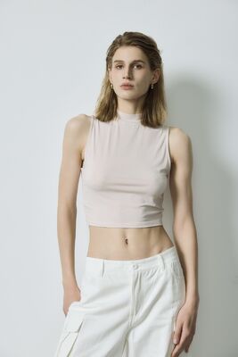 Bom preço Auto-cultivo Tops básicos Rosa Mock Neck sem mangas Branco Alta cintura Pantalões de carga de pernas largas on-line