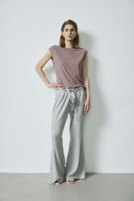 Ein guter Preis. Rosa Basics Tops Dolman Ärmel Shirt Gürtel T-Shirt Graue Flare Hosen Set Online