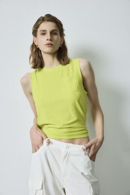 Bom preço Tops de base verde-limão com nervuras sem mangas Crop Top Branco Calças de carga Set 102cm on-line