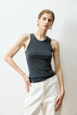 Giá tốt Áo vest thời trang nhựa than Slim Fit Ribbed Đen Racerback Tank Top trực tuyến